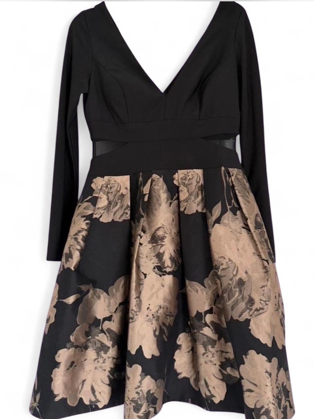 Xscape Black Dress with Gold Floral Jacquard Skirt